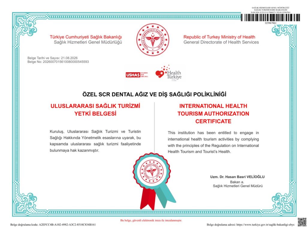 SCR Dental Uluslararası Sağlık Turizmi Yetki Belgesi SCR Dental Uluslararası Sağlık Turizmi Yetki Belgesi (T.C. Sağlık Bakanlığı)